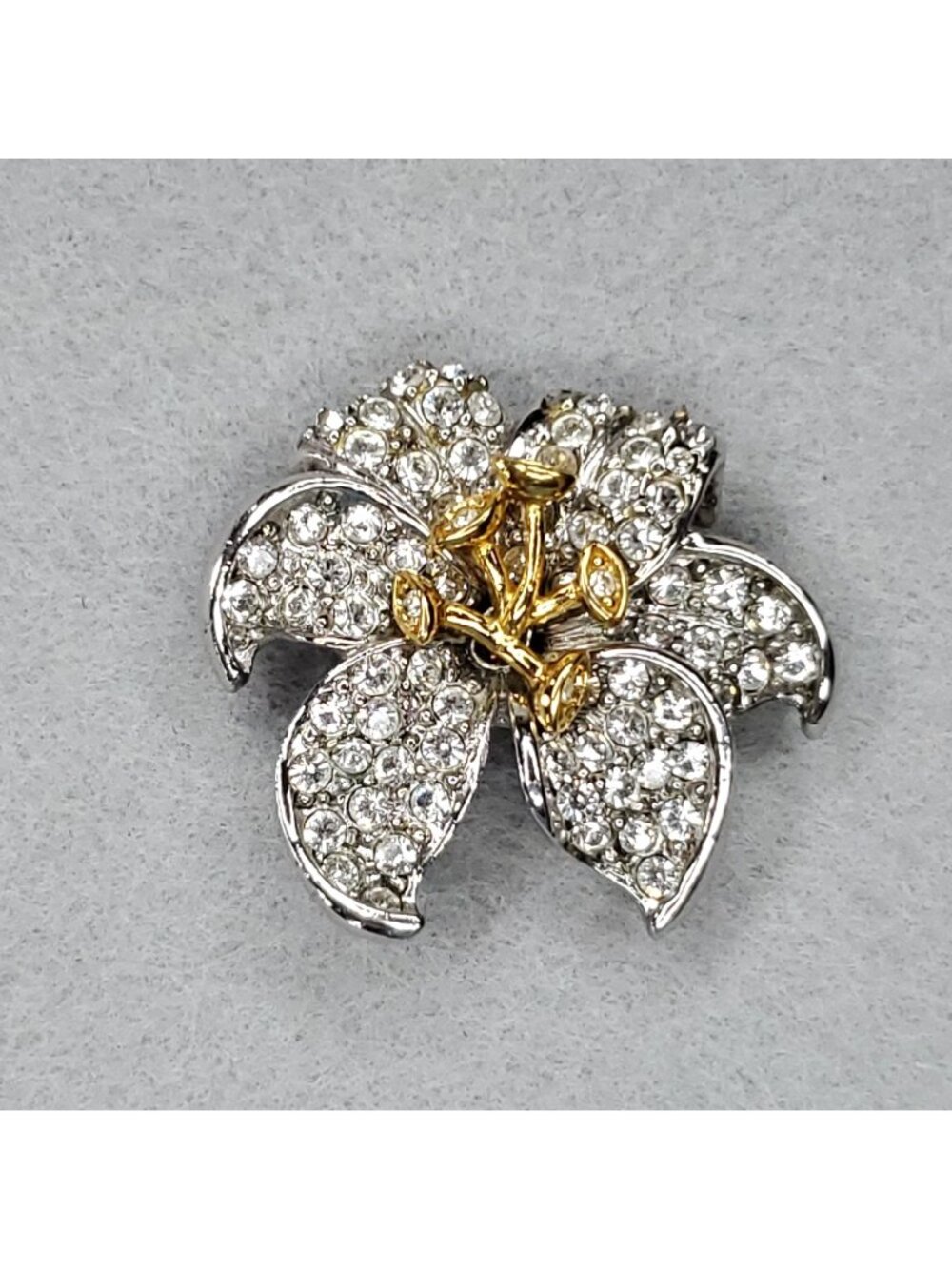 Vintage Nolan Miller Rhinestone Slide Pendant Silver Gold Tone Lily Flower 1.5"